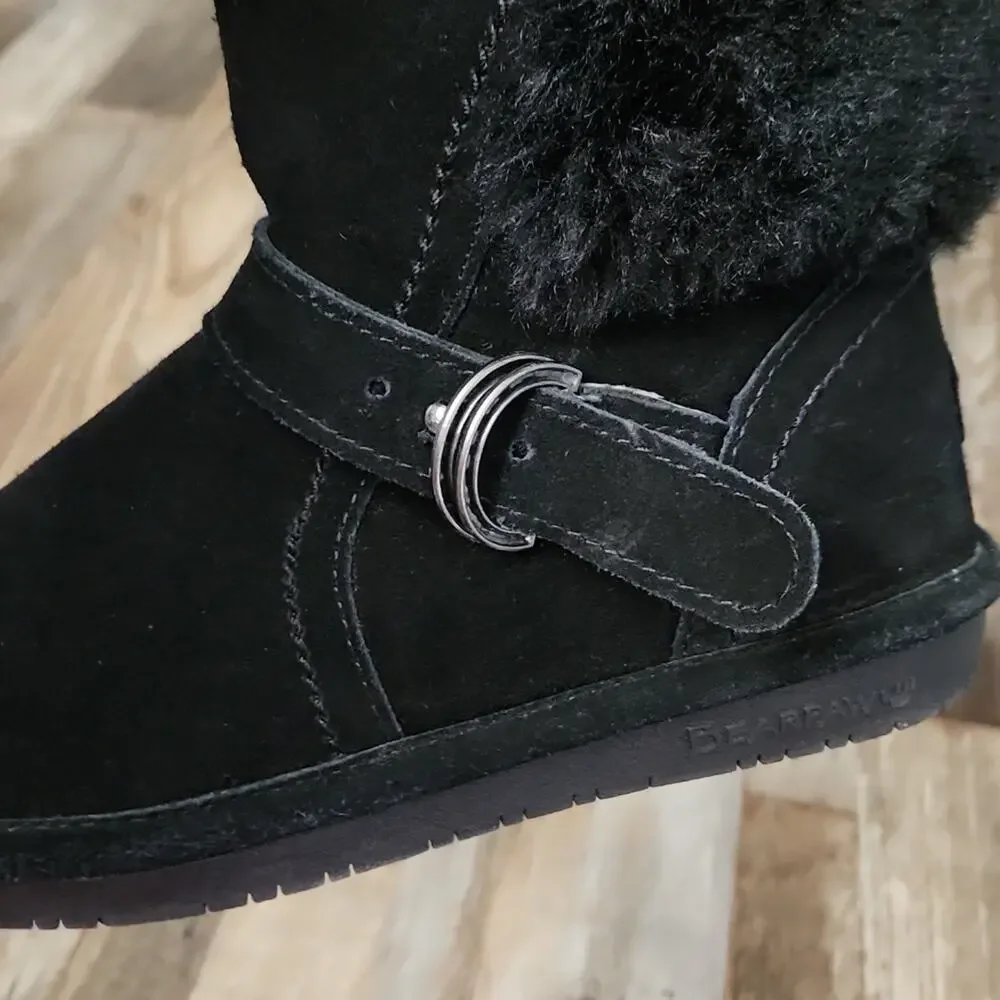 Bearpaw Youth Black‎ Faux Fur Suede Upper Wool Blend Lining Boots Size 4 Winter